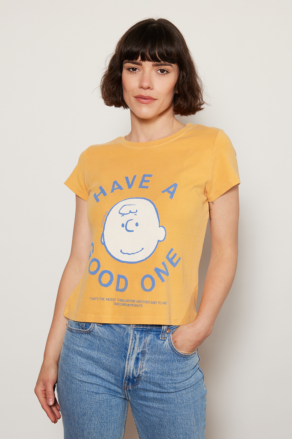 Peanuts Have A Good One Baby Tee Womens T Shirt Marigold
