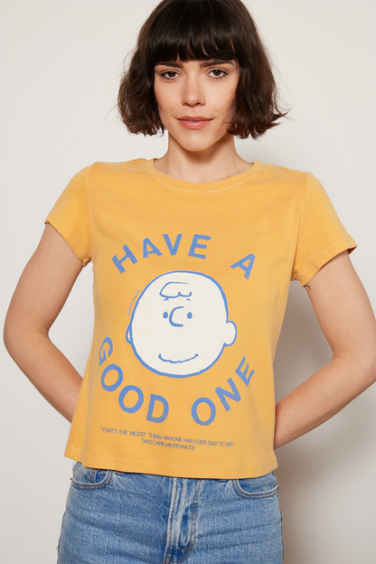 Peanuts Have A Good One Baby Tee Womens T Shirt Marigold