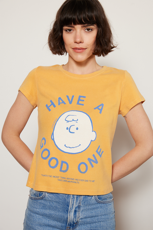 Peanuts Have A Good One Baby Tee Womens T Shirt Marigold