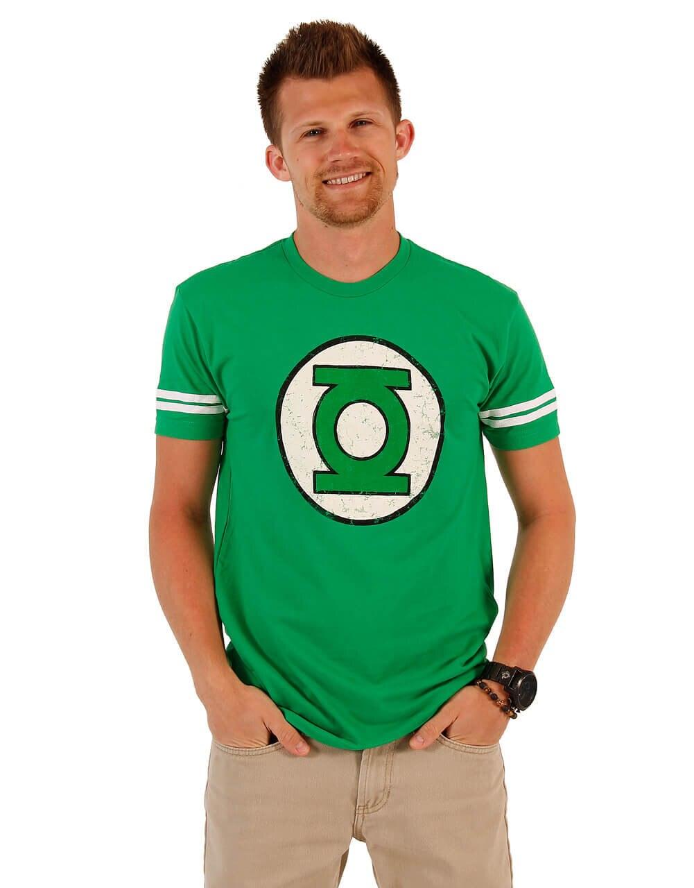 Green Lantern DISTRESSED Logo With Striped Sleeves T Shirt