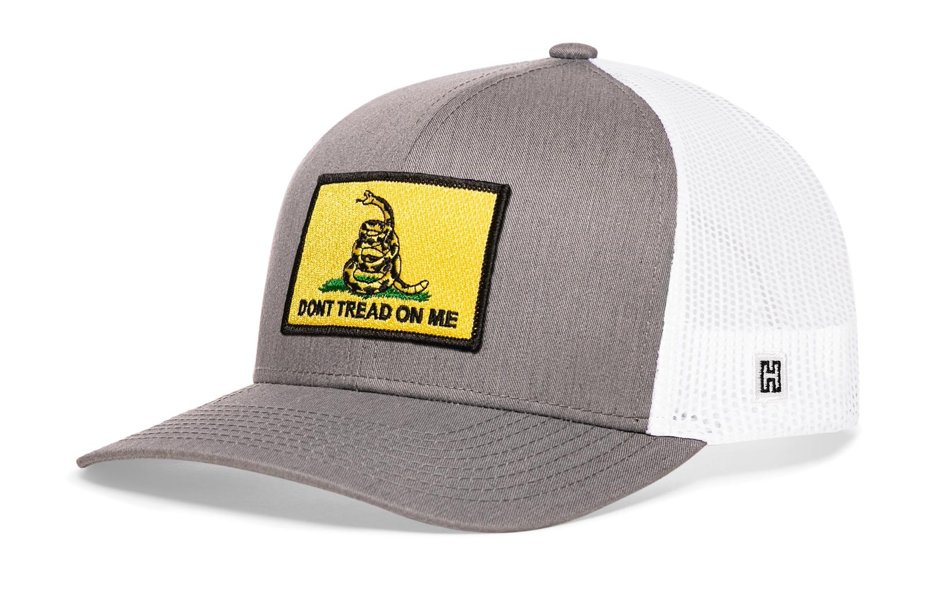 Dont Tread On Me Trucker Haka Hat Gray-White Gadsden Flag Yellow Snapback