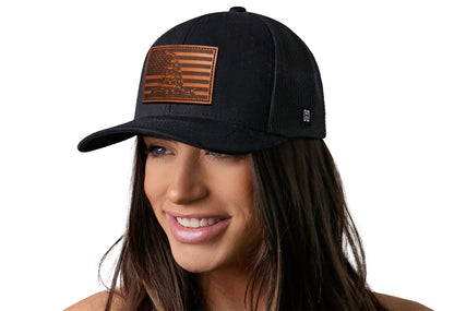 Dont Tread on Me American Flag Trucker Haka Hat Black Gadsden Leather Snapback