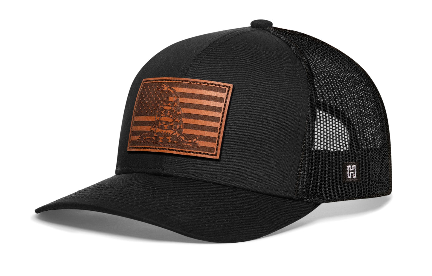 Dont Tread on Me American Flag Trucker Haka Hat Black Gadsden Leather Snapback