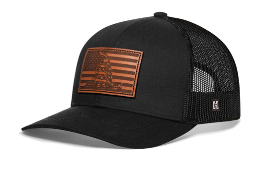 Dont Tread on Me American Flag Trucker Haka Hat Black Gadsden Leather Snapback