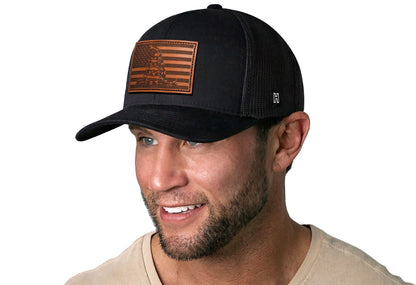 Dont Tread on Me American Flag Trucker Haka Hat Black Gadsden Leather Snapback