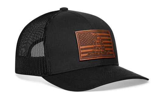 Dont Tread on Me American Flag Trucker Haka Hat Black Gadsden Leather Snapback