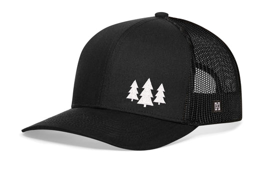 Three Pine Trees Trucker Haka Hat Black Outdoors Snapback
