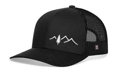 Pine Tree with Mountains Trucker Haka Hat Black Outdoors Snapback
