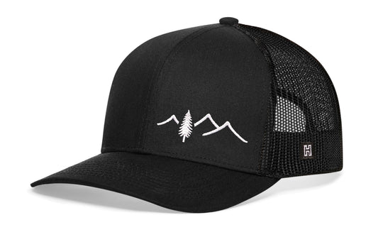 Pine Tree with Mountains Trucker Haka Hat Black Outdoors Snapback