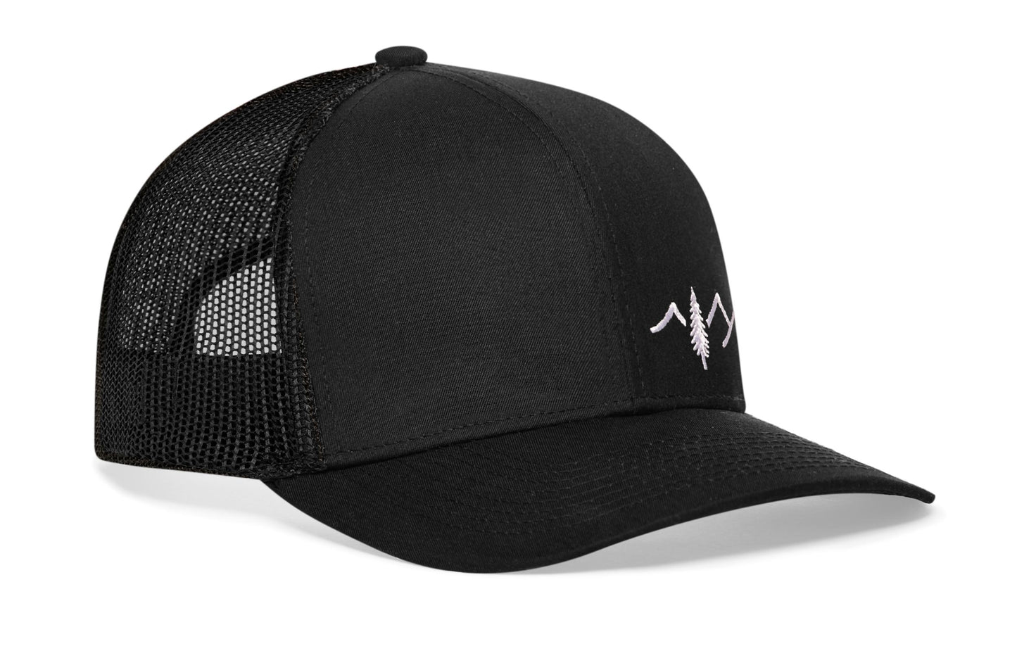 Pine Tree with Mountains Trucker Haka Hat Black Outdoors Snapback