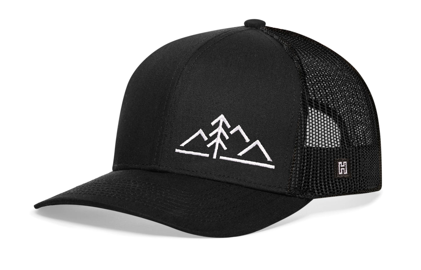 Mountains with Pine Tree Trucker Haka Hat Black Outdoors Snapback