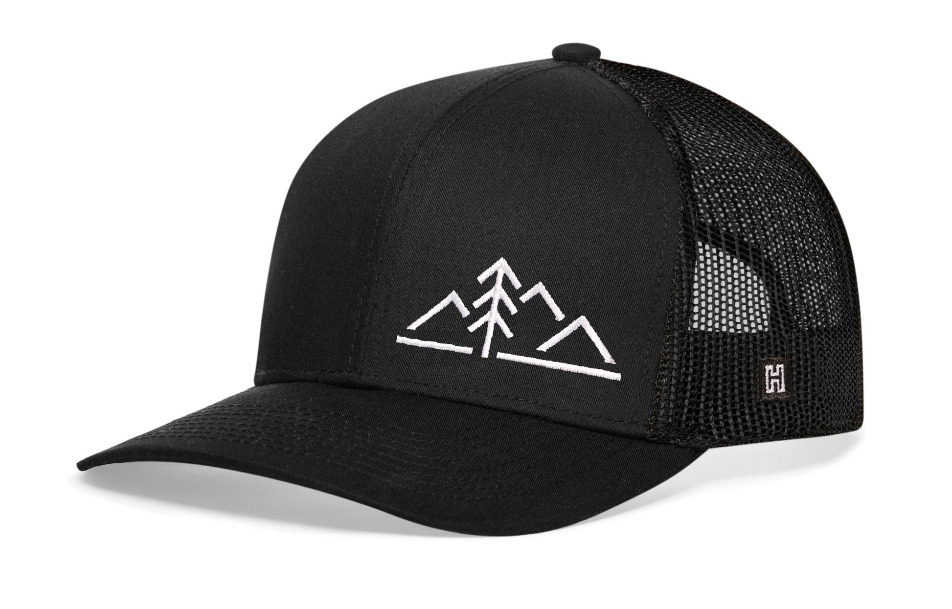 Mountains with Pine Tree Trucker Haka Hat Black Outdoors Snapback