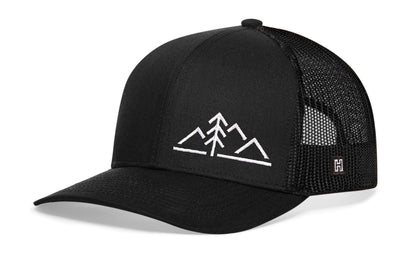 Mountains with Pine Tree Trucker Haka Hat Black Outdoors Snapback