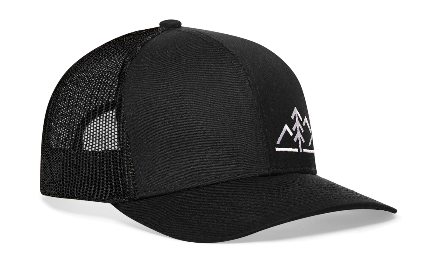 Mountains with Pine Tree Trucker Haka Hat Black Outdoors Snapback
