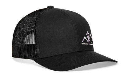Mountains with Pine Tree Trucker Haka Hat Black Outdoors Snapback