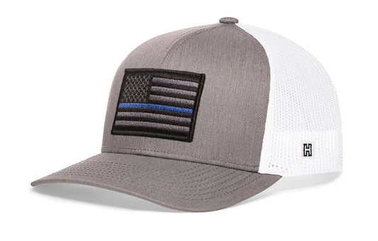 Thin Blue Line Trucker Haka Hat Gray-White Police Tactical Snapback