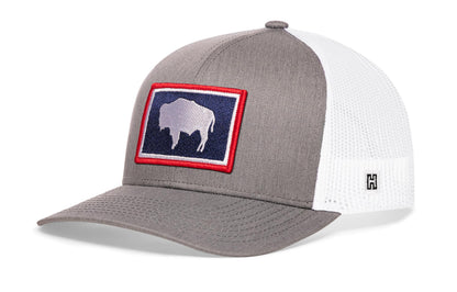 Wyoming Flag Trucker Haka Hat Gray-White WY Snapback