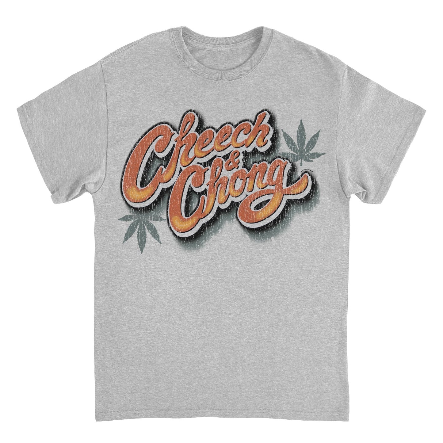 Cheech & Chong Vintage Script Distressed Leaf Logo Mens T Shirt Grey