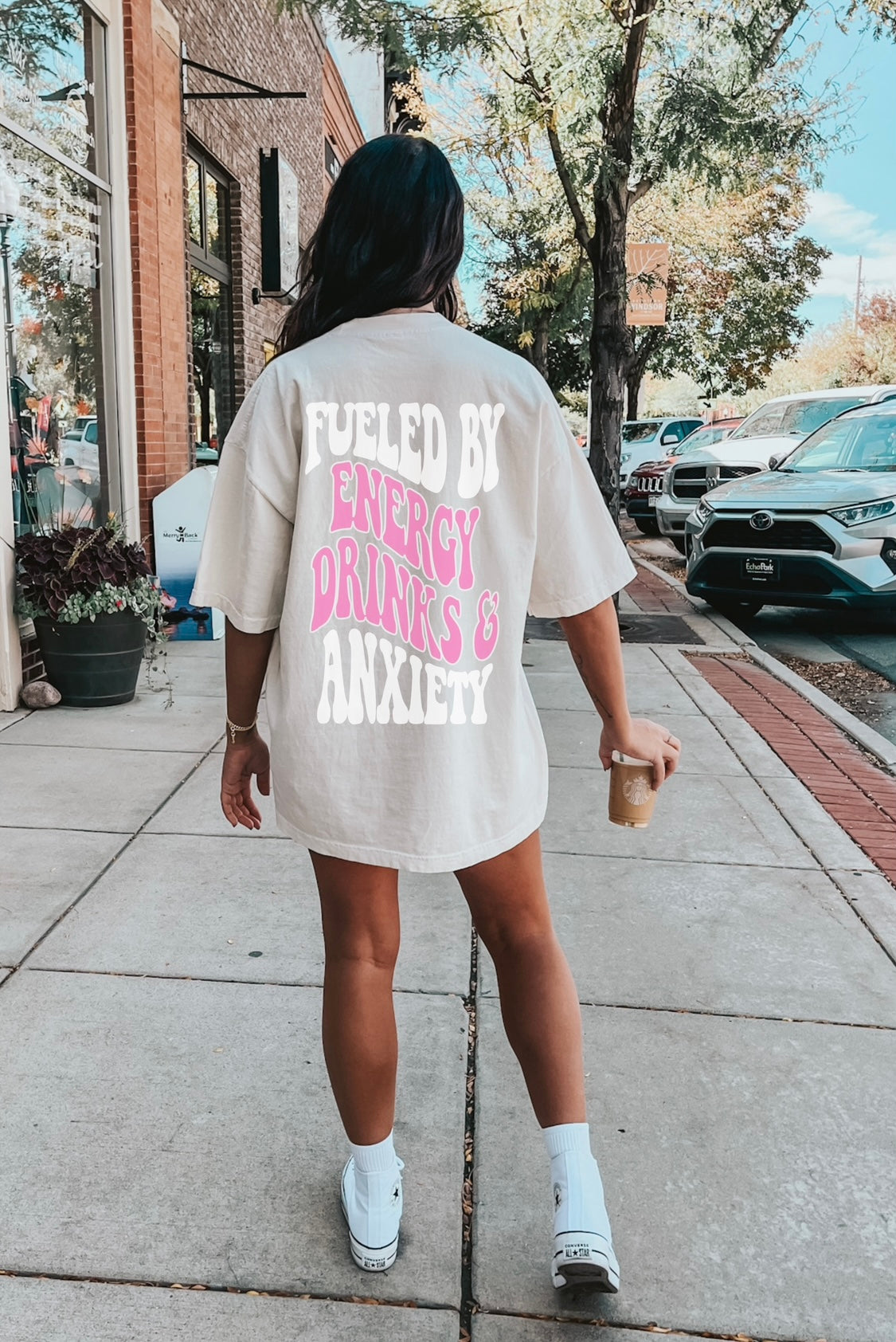 Fueled By Energy Drinks and Anxiety Graphic Tee Womens T Shirt