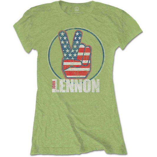 John Lennon Peace Fingers US Flag Womens T Shirt