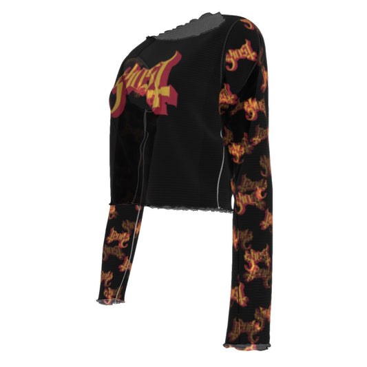 Ghost Patterned Sleeves Women's Mesh Top T Shirt