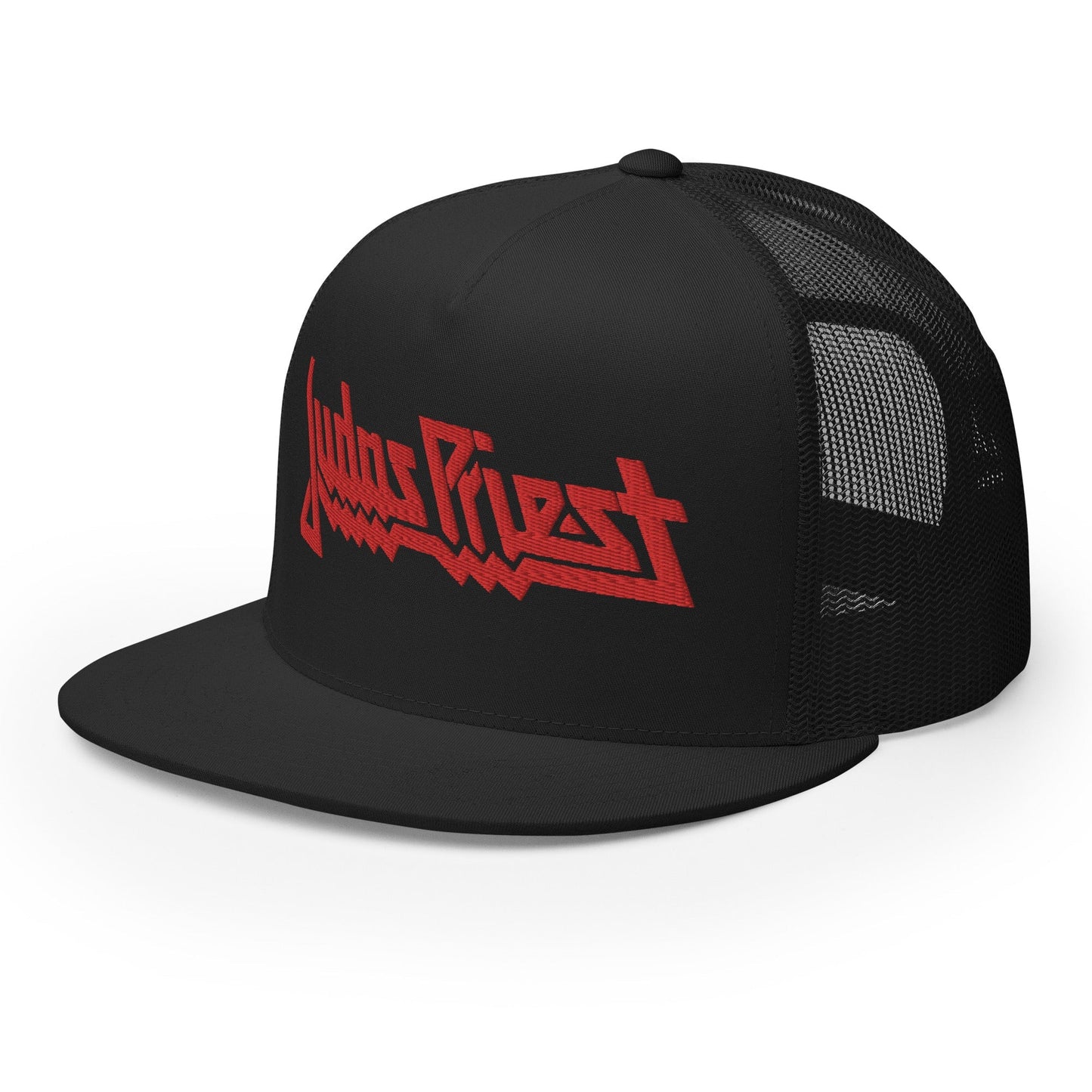 Judas Priest Electric Red Logo Embroidered Trucker Hat Black