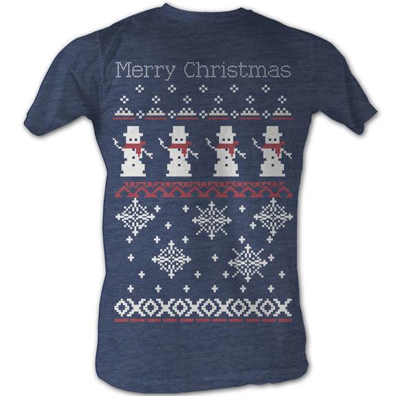 Merry Christmas Snowmen and Snowflakes 8-Bit Adult Navy T Shirt
