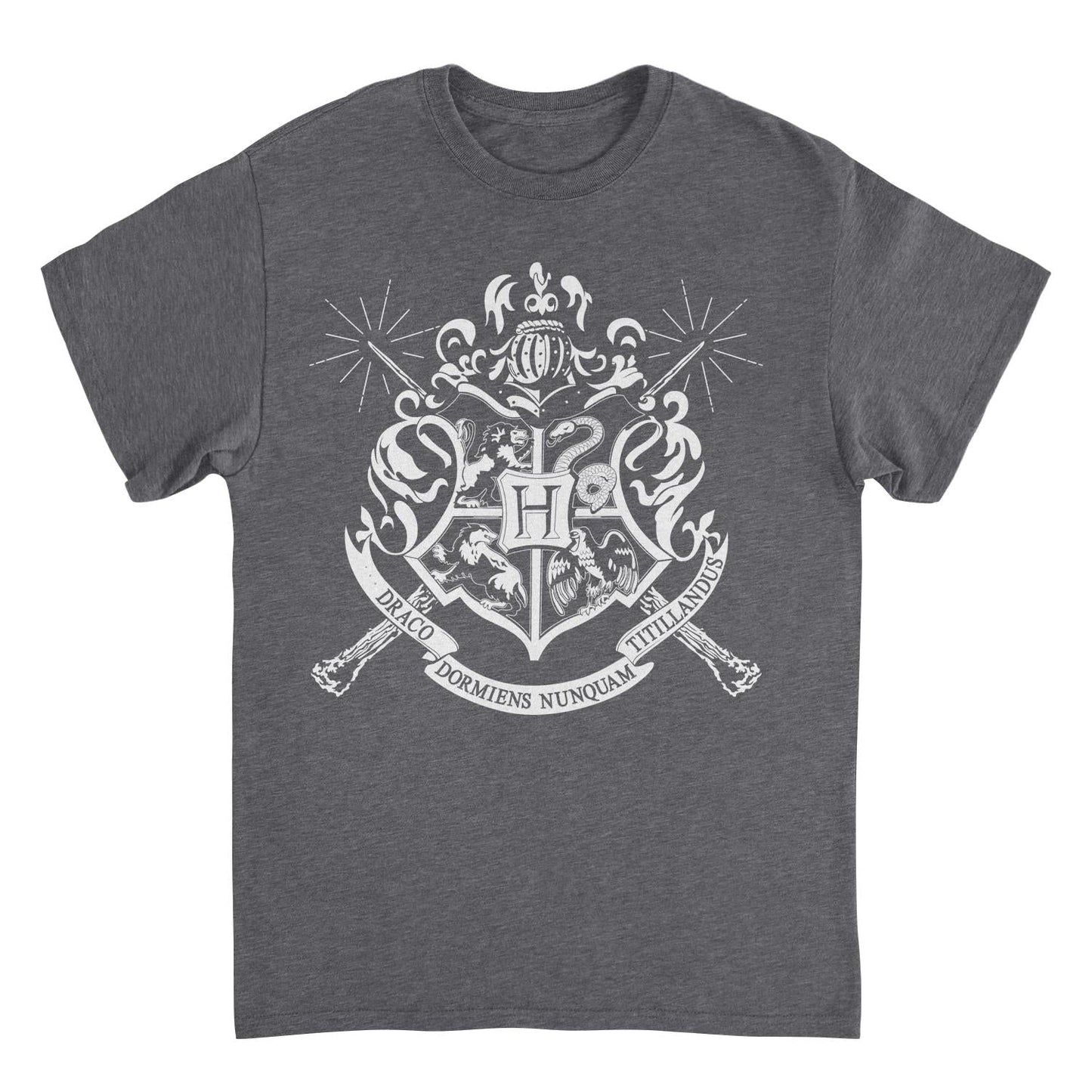 Harry Potter White Hogwarts Emblem Dark Heather Mens T Shirt