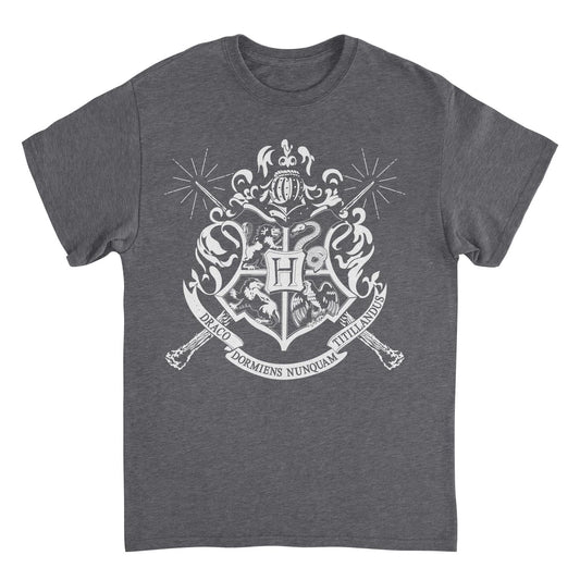 Harry Potter White Hogwarts Emblem Dark Heather Mens T Shirt