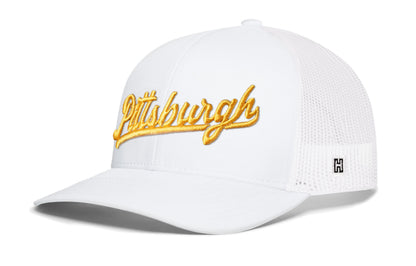 Pittsburgh Gold Script Trucker Haka Hat Black Pennsylvania Snapback