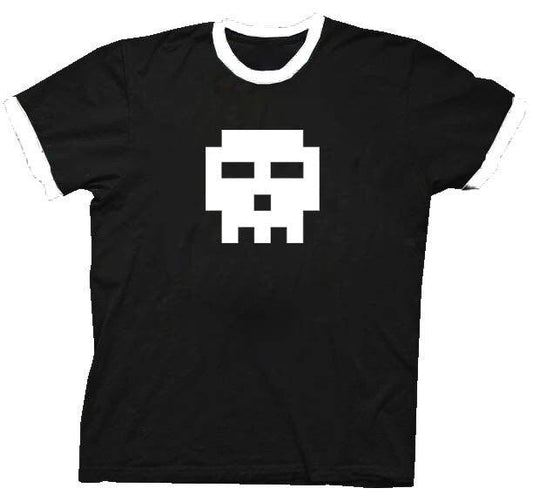 Pixel Skull Adult Black with White Ringers T Shirt