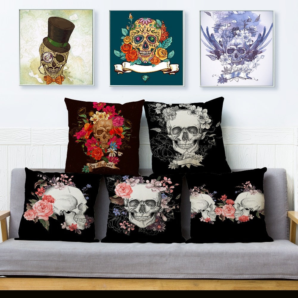 Flower Skull Print Cushion Covers