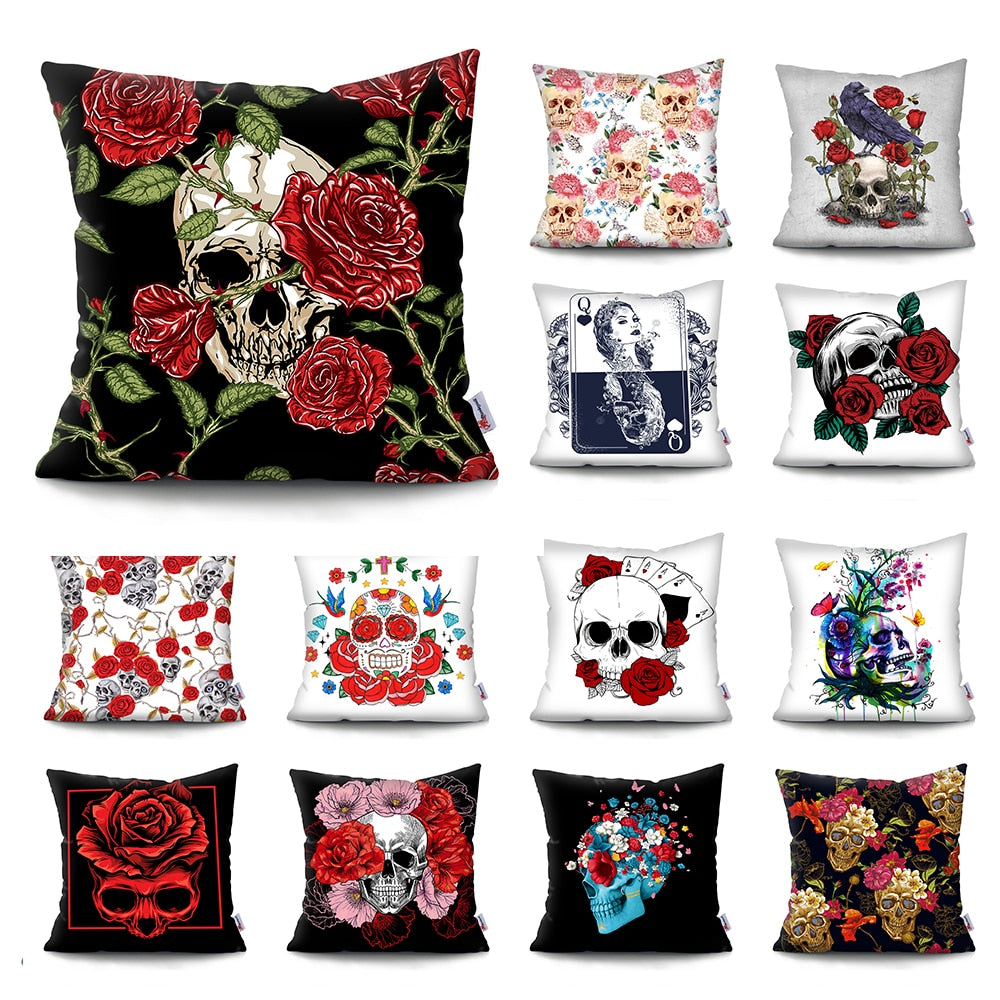 Skull Head Flowers Print Cushion Cover Throw Pillows Covers