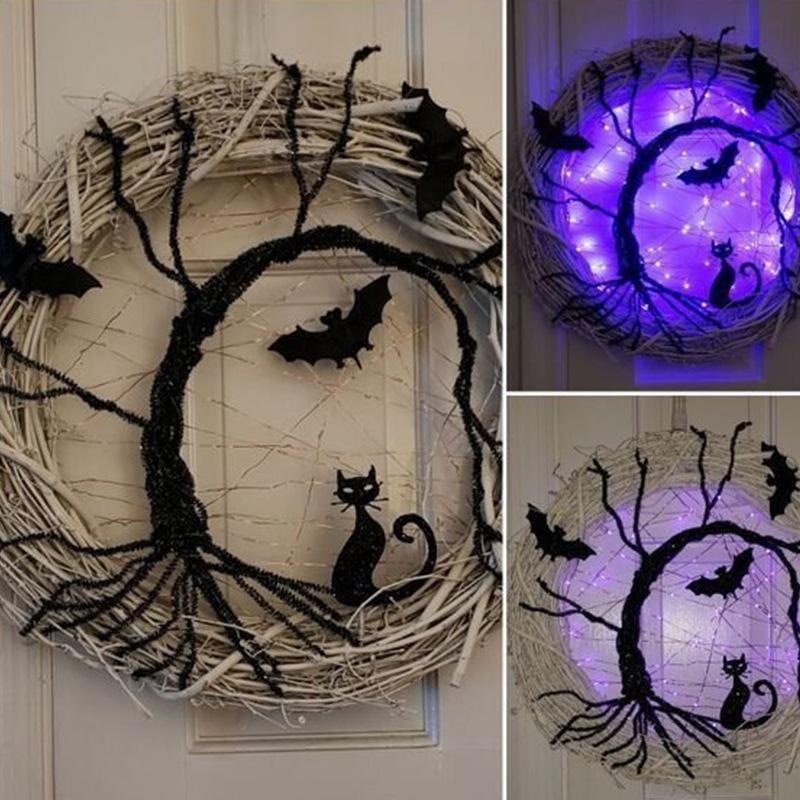 Happy Halloween Wreath With LED Light Up Black Bat