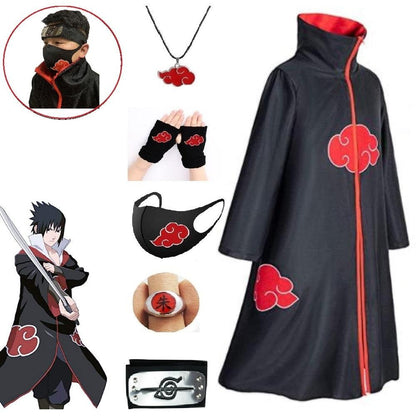 Akatsuki Costume3Pcs with Headband and Ring  Akatsuki Halloween Cloak Cape Itachi Robe Cosplay Anime Costume with Konoha Bandeau
