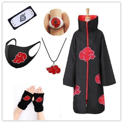 Akatsuki Costume3Pcs with Headband and Ring  Akatsuki Halloween Cloak Cape Itachi Robe Cosplay Anime Costume with Konoha Bandeau