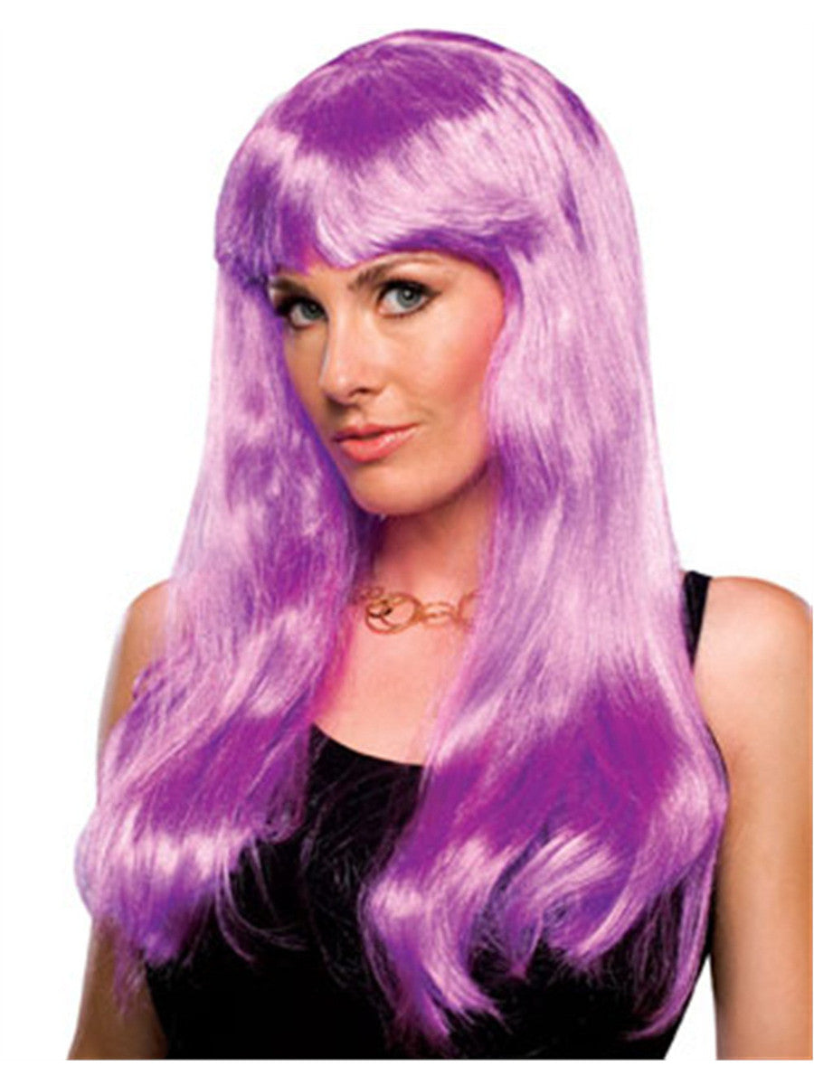 Women's Long Magenta Purple Straight Wavy Glamour Wig With Bangs