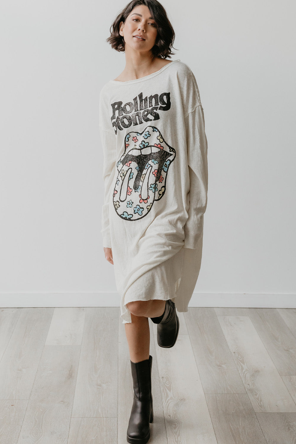 The Rolling Stones Flower Power Womens T Shirt Dress Ivory