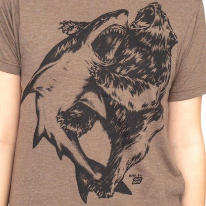 Shark vs. Bear Heather Brown Adult T Shirt