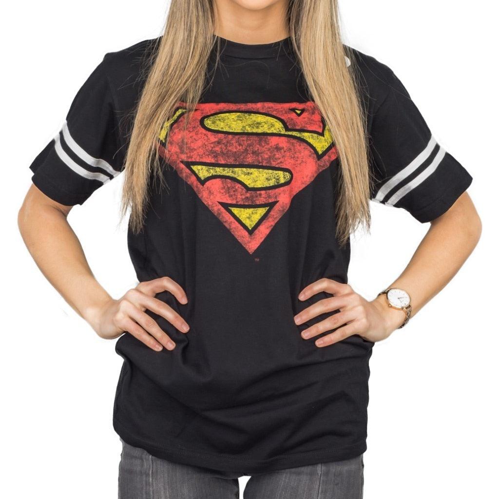 Superman Distressed Logo With Striped Sleeves T Shirt