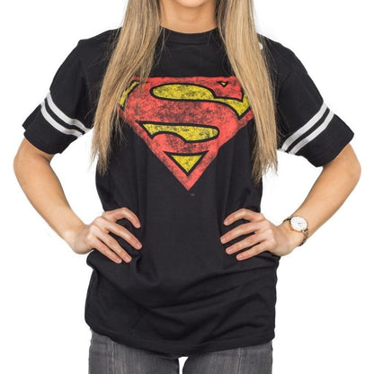 Superman Distressed Logo With Striped Sleeves T Shirt