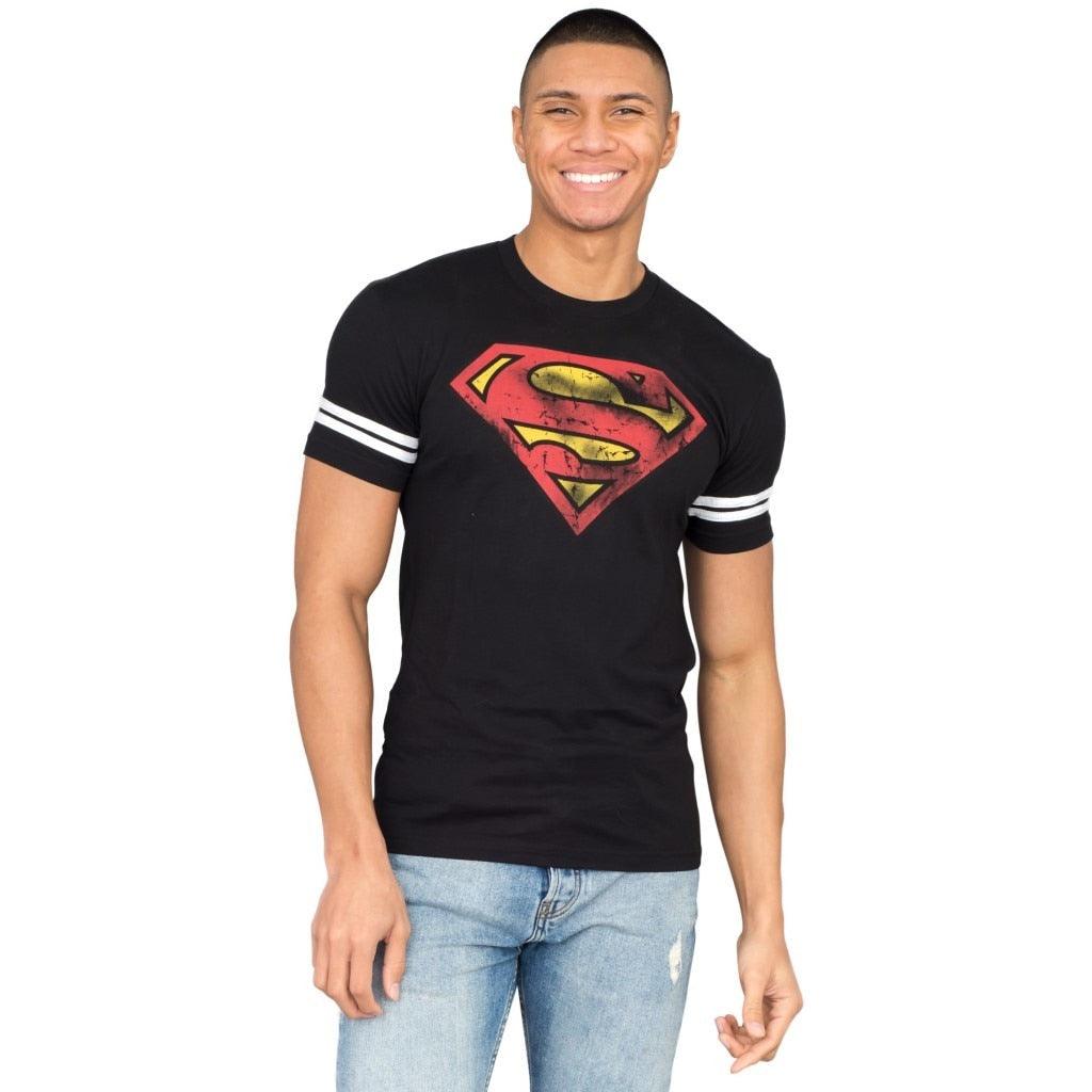 Superman Distressed Logo With Striped Sleeves T Shirt