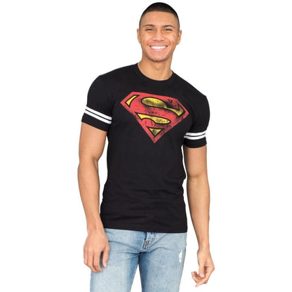 Superman Distressed Logo With Striped Sleeves T Shirt
