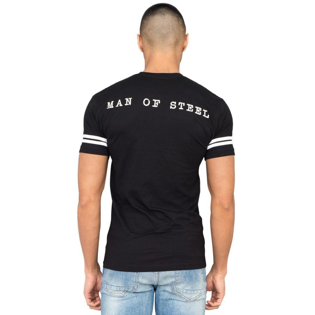 Superman Distressed Logo With Striped Sleeves T Shirt