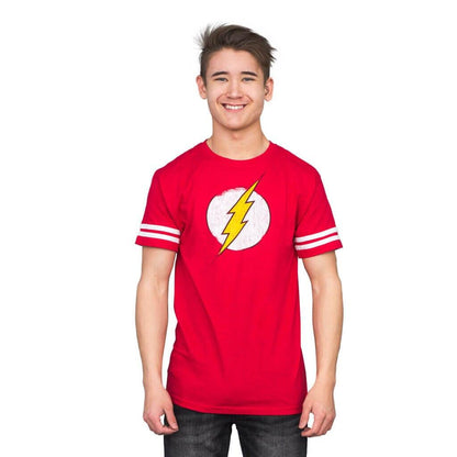 The Flash Distressed Logo With Striped Sleeves T Shirt