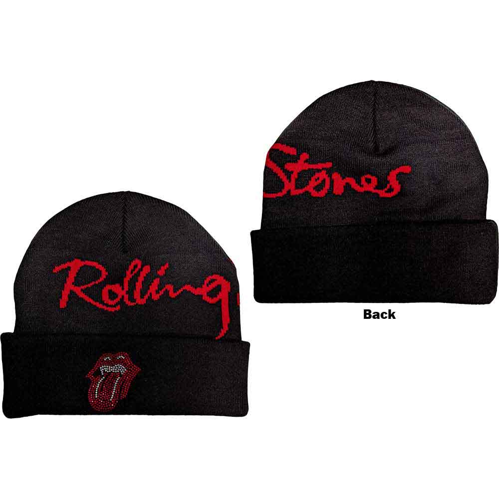 The Rolling Stones Embellished Classic Tongue Beanie Hat Black