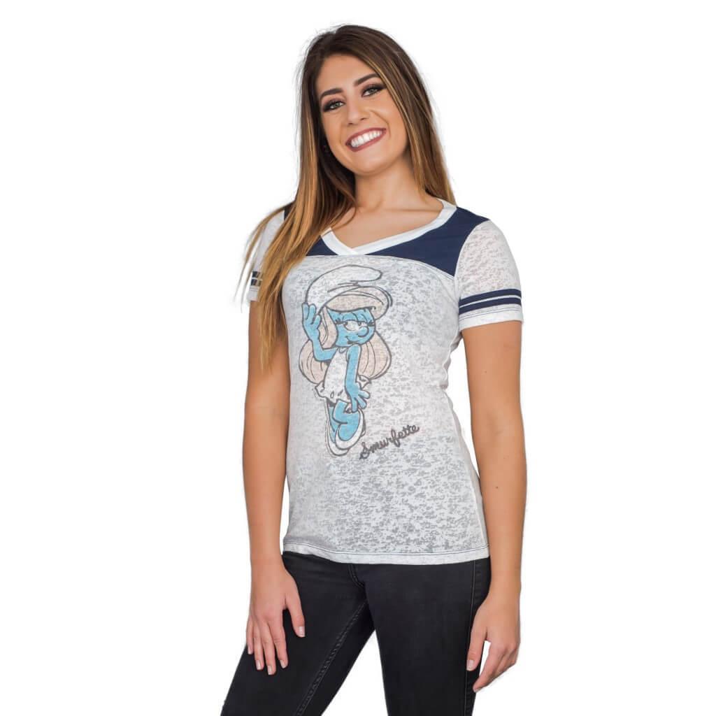 The Smurfs Smurfette Pose Juniors Burnout T Shirt with Striped Sleeves