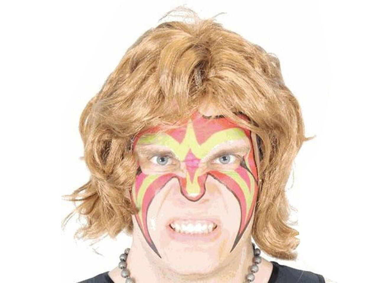 Ultimate Warrior Makeup Temporary Tattoo Wig and Armbands Costume Set