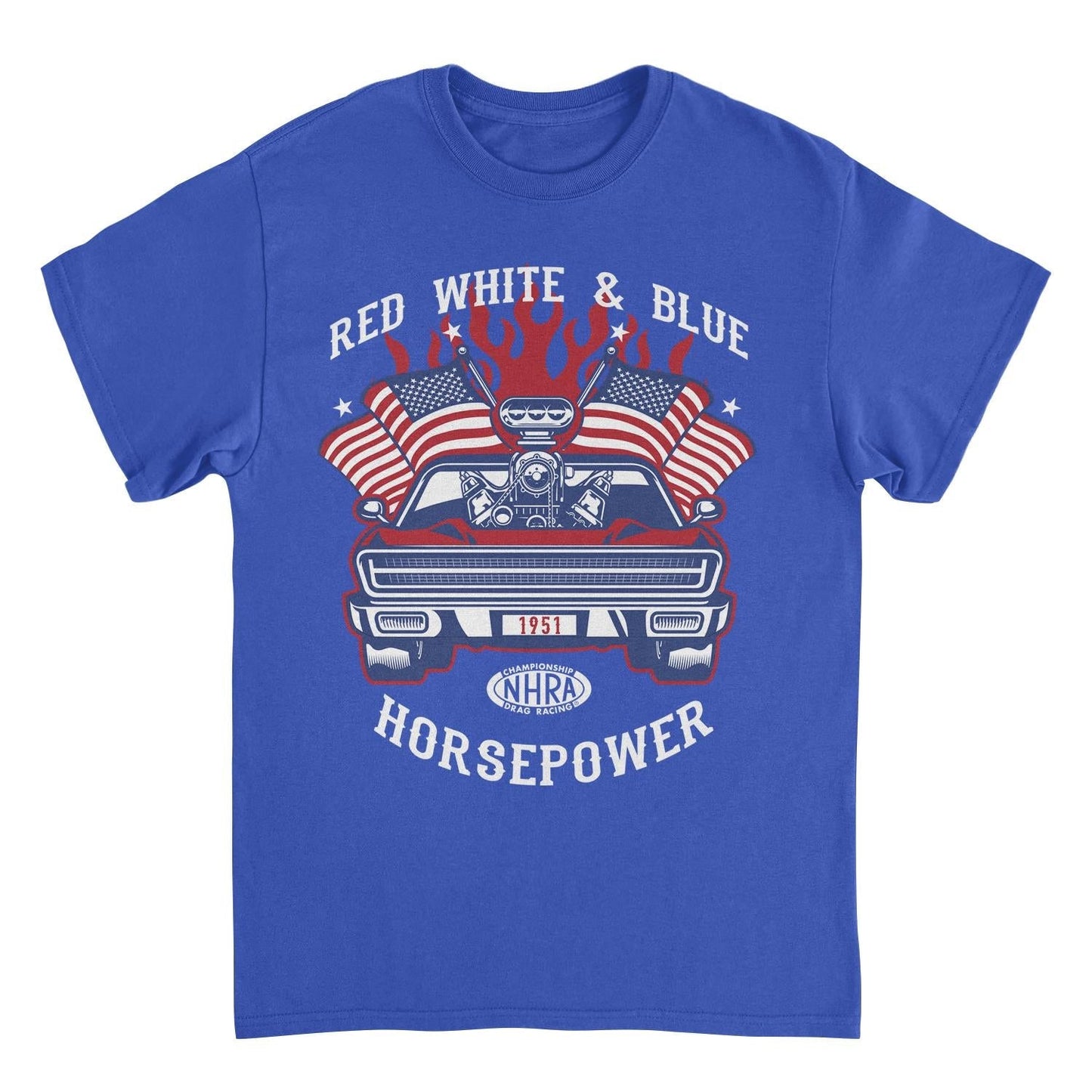 NHRA Red White and Blue Horsepower Royal Mens T Shirt