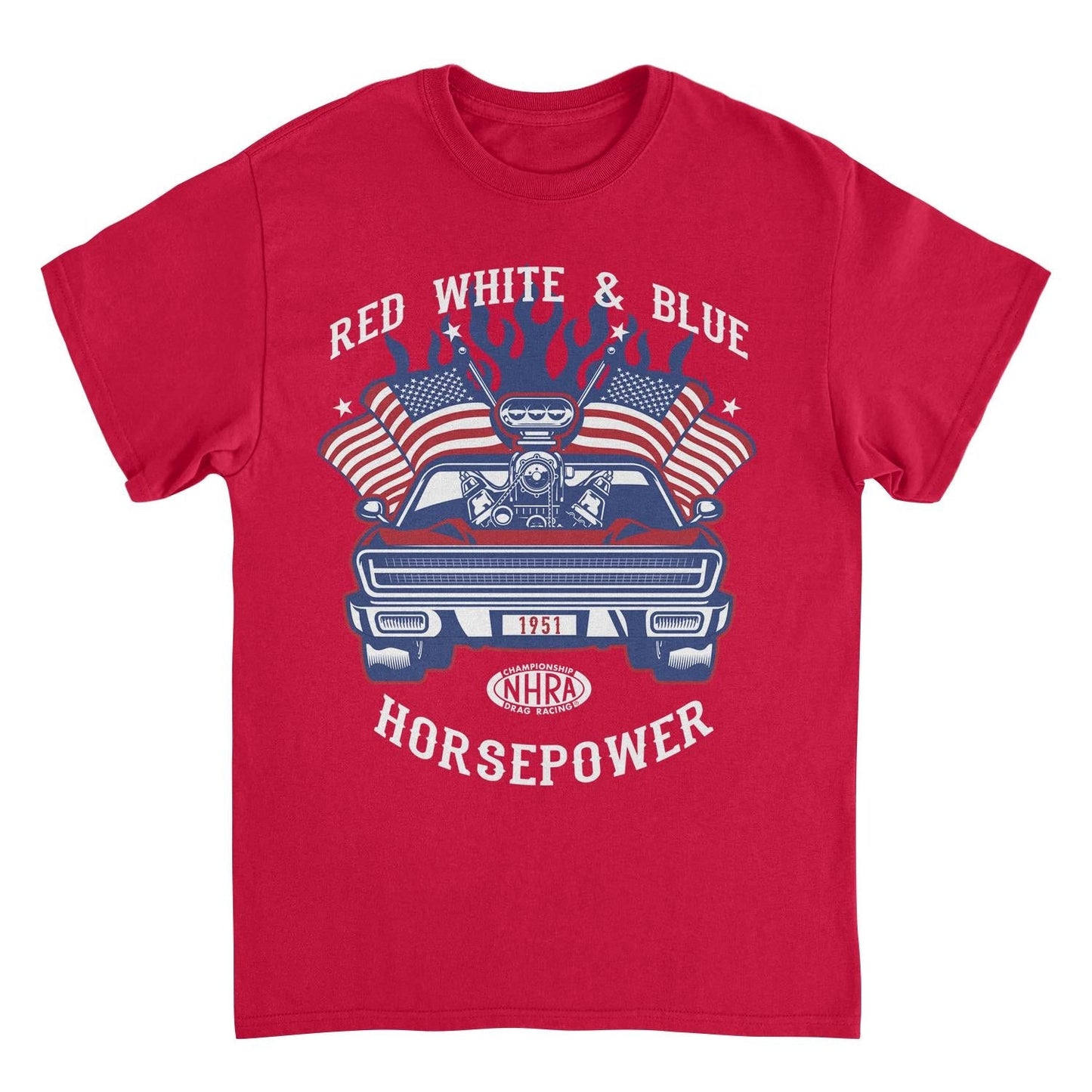 NHRA Red White and Blue Horsepower Blue Heat Red Mens T Shirt